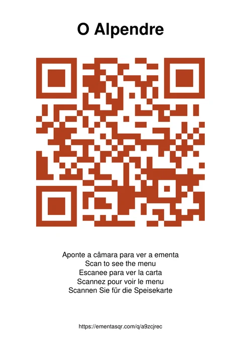 Cartaz A6 da ementa de exemplo: o nome da casa, o código QR e a frase «Aponte a câmara para ver a ementa» em cinco idiomas.