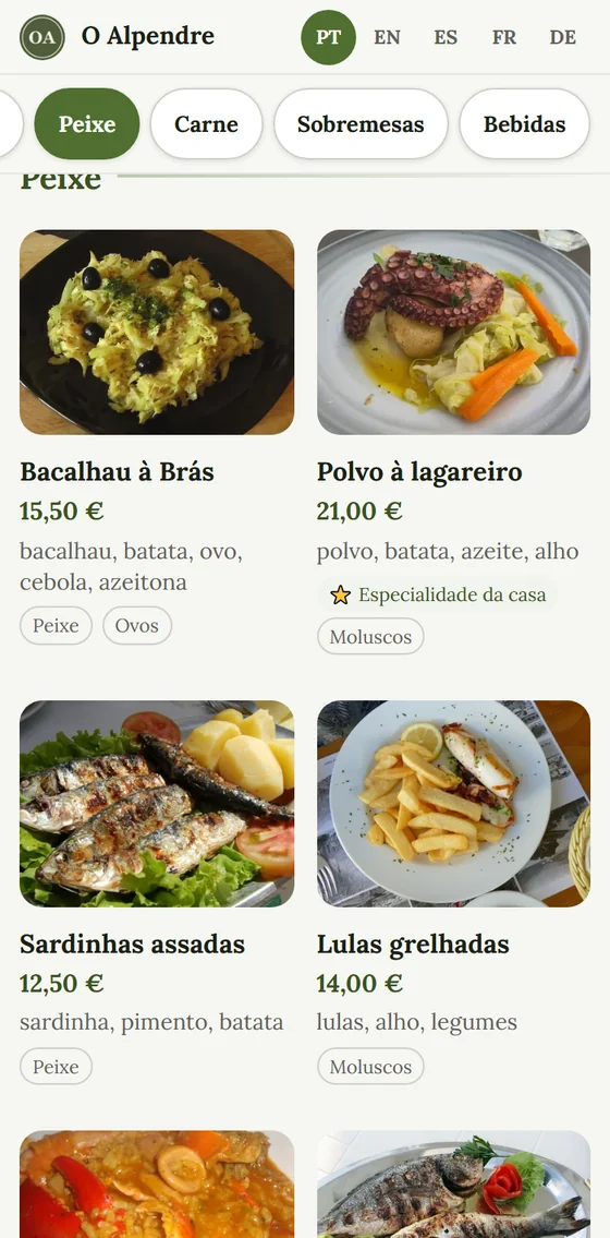 A mesma ementa em grelha: cada prato com a fotografia grande por cima do nome e do preço.